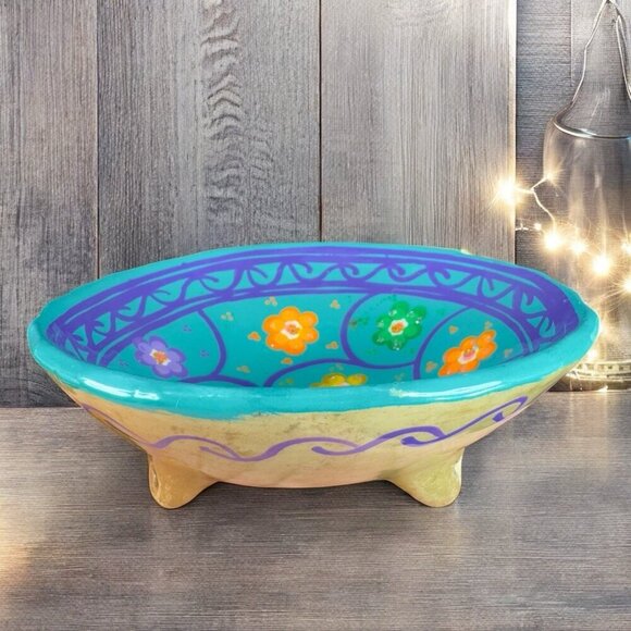 Hand Painted Mexican Pottery Footed Salsa Dish Trinket Dish Holder Vintage Decor - Picture 1 of 10